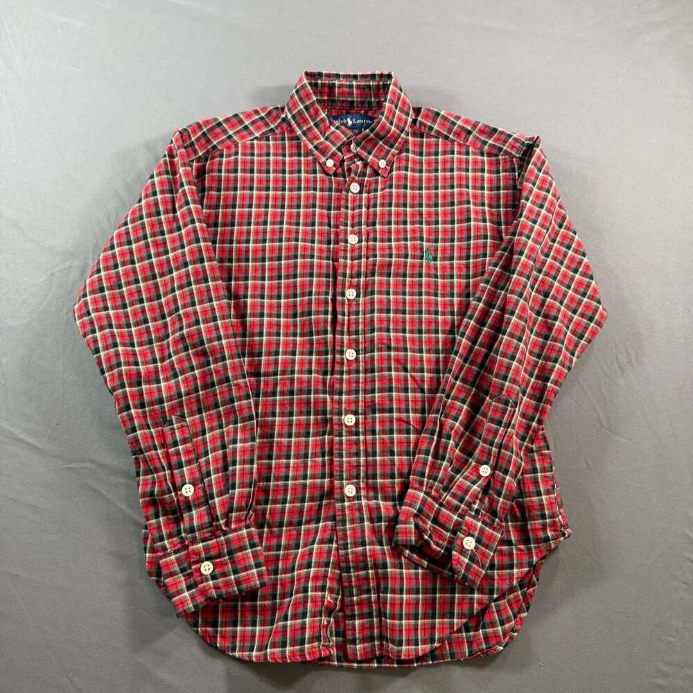 Ralph Lauren Youth Red Green Tartan Plaid Button Down Shirt Size 8/10